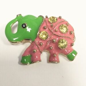 Vintage Enamel & Rhinestone Gold Tone Lucky Elephant Brooch Pin Green Pink